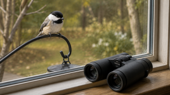Illustration of binoculars used for close-range chickadee watching
