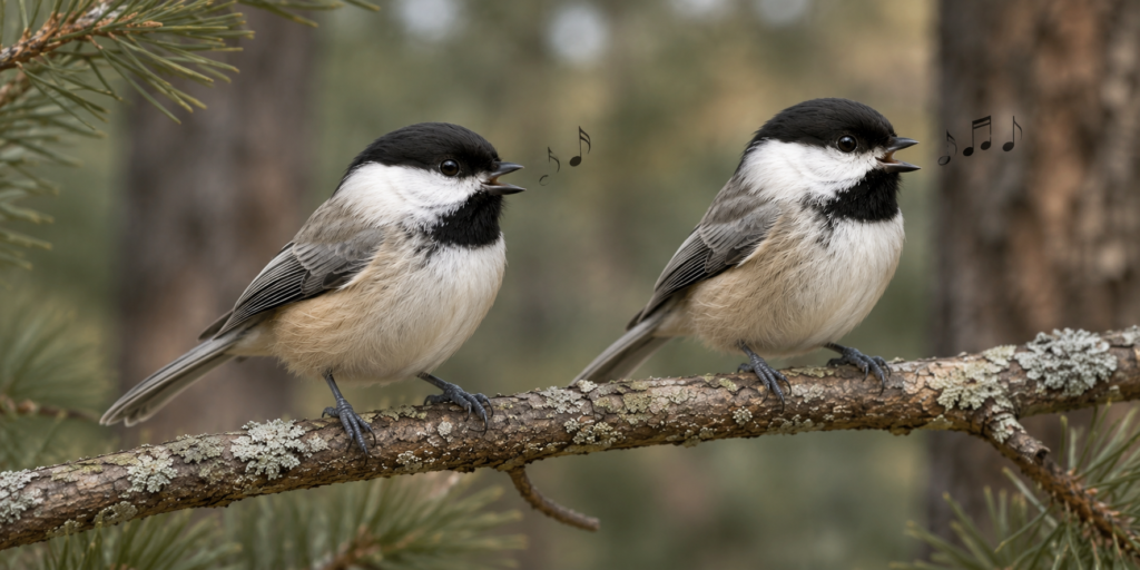 Illustration comparing the nearly identical Black-capped and Carolina Chickadee, distinguished mainly by song