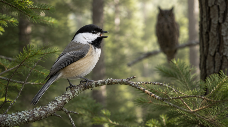 Illustration of a chickadee giving its alarm call in response to a nearby predator