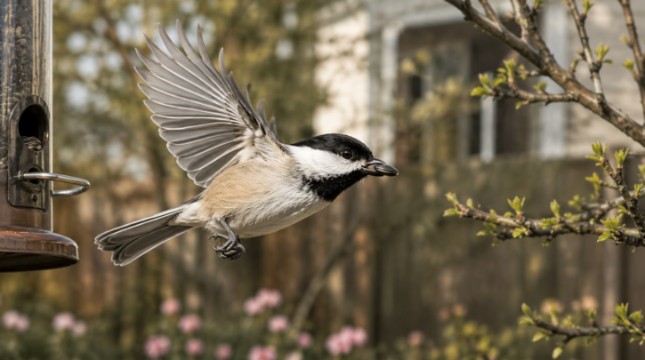 Illustration of a chickadee grabbing a single seed to cache