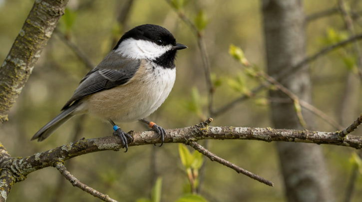 Illustration of a color-banded chickadee used in longevity research
