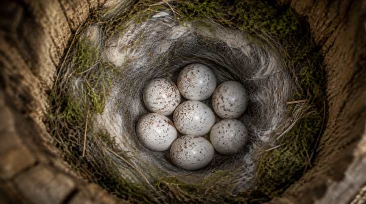 Illustration of a large clutch of speckled chickadee eggs in a moss-lined nest