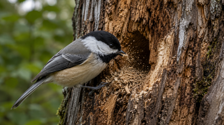 Illustration of a chickadee excavating its own nest cavity in soft wood