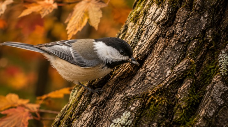 Illustration of a chickadee caching food during peak fall caching season