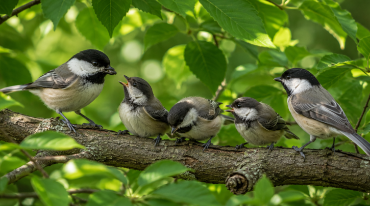 Illustration of a chickadee family group foraging together in summer