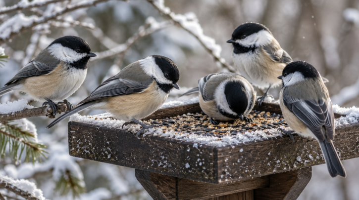 Illustration of a resident chickadee flock at a winter feeder