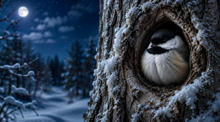 Illustration of a chickadee fluffed up for warmth in its winter roost