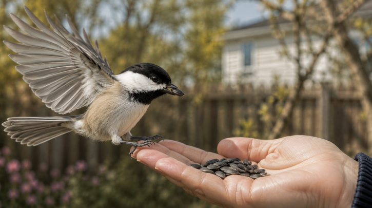Illustration of a chickadee hand-feeding from an open palm