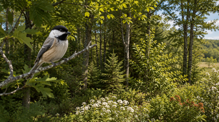 Illustration of a chickadee in structurally diverse layered forest habitat