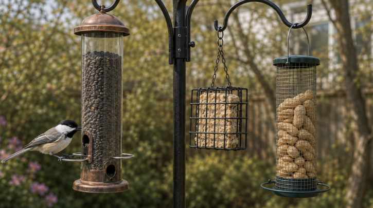 Illustration of a chickadee at a multi-food feeding station