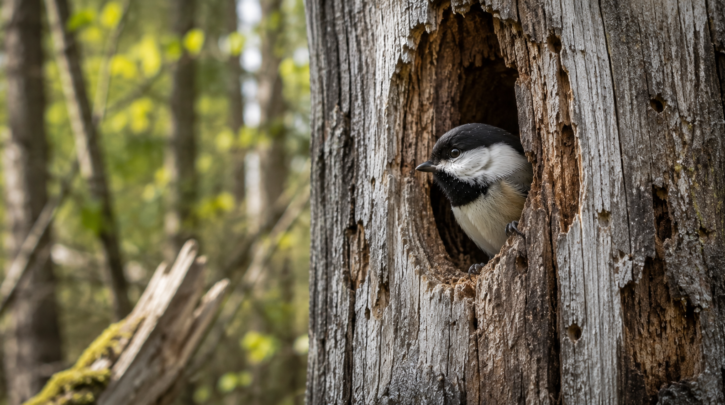 Illustration of a chickadee using an abandoned woodpecker cavity