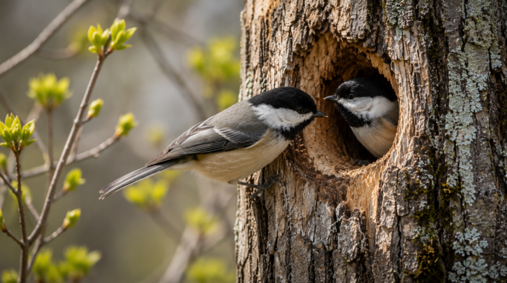 Illustration of a chickadee pair evaluating a nest site together in spring