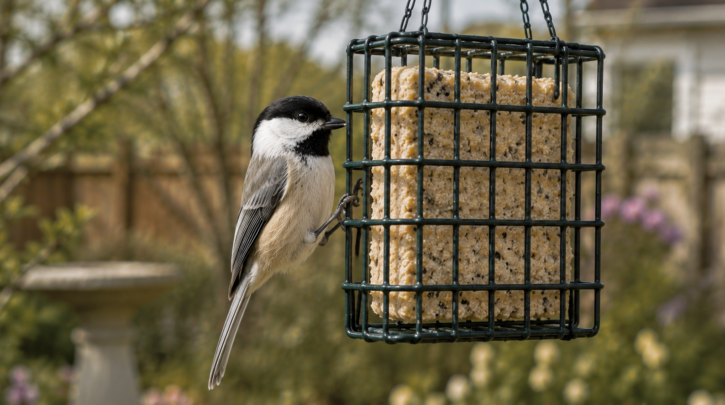 Illustration of a chickadee at a wire suet cage feeder