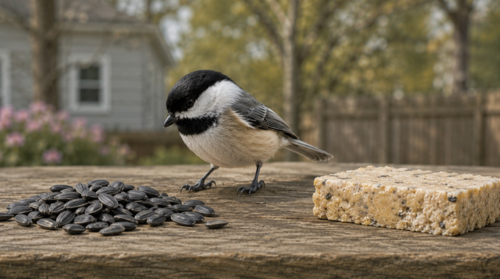 Illustration of a chickadee's two staple feeder foods: sunflower seed and suet
