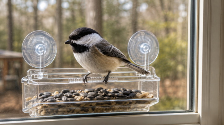 Illustration of a chickadee at a close-up window feeder