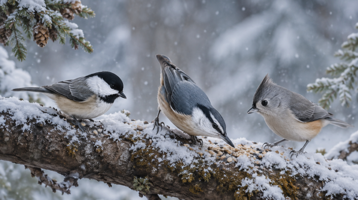 Illustration of chickadees serving as the nucleus of a mixed winter flock