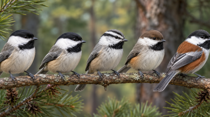 Illustration comparing five common backyard chickadee species