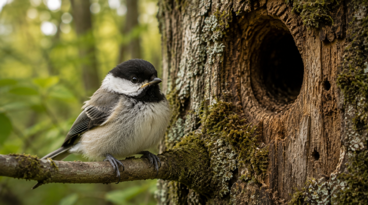 Illustration of a fledgling chickadee near its nest cavity