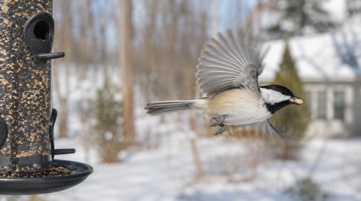 Illustration of a chickadee's quick grab-and-go feeder visit