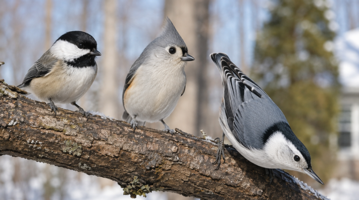 Illustration comparing a chickadee, titmouse, and nuthatch for identification